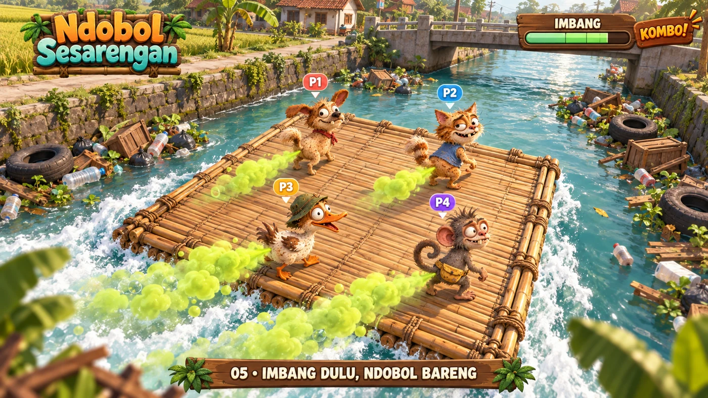 Selaraskan arah dan dorongan kentut. Jaga posisi agar getek tetap seimbang.